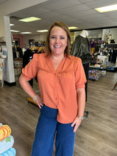 Load image into Gallery viewer, T24766 Solid v-neck short sleeve button down top featuring braided trim