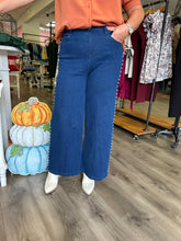 Load image into Gallery viewer, High waisted denim wide leg pants featuring pearl details at side