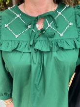 Load image into Gallery viewer, T25192 Solid 3/4 sleeve v neck top featuring pearl embellishments