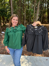 Load image into Gallery viewer, T25192 Solid 3/4 sleeve v neck top featuring pearl embellishments