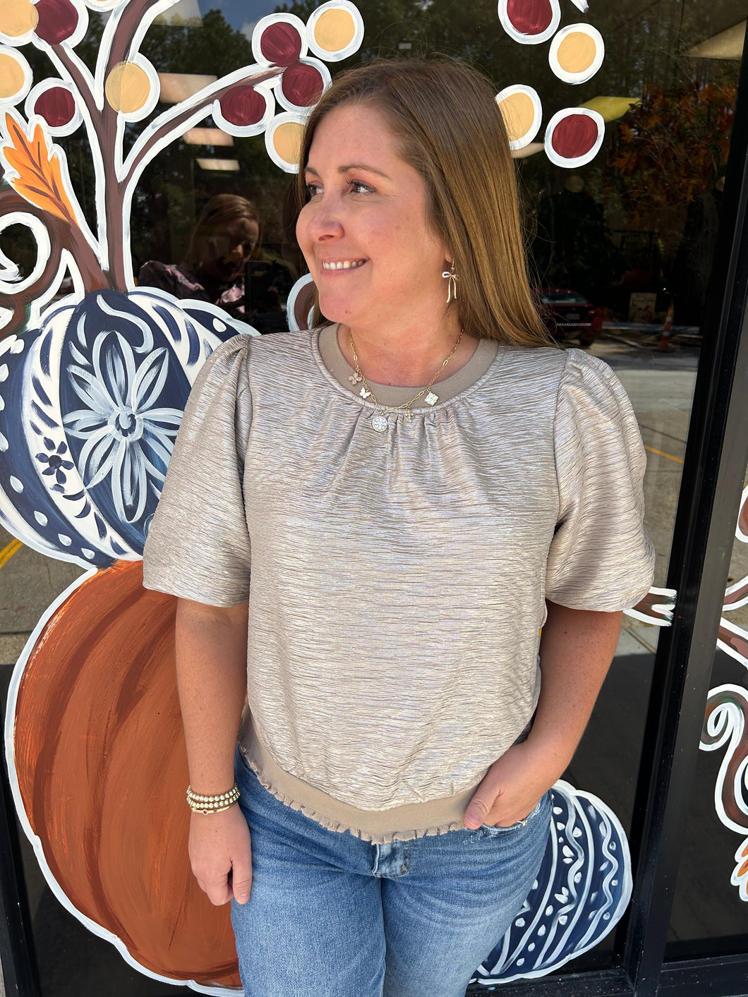 34608 Foil Puff Sleeve Ruffle Rib Band Top