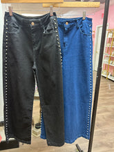 Load image into Gallery viewer, High waisted denim wide leg pants featuring pearl details at side