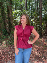 Load image into Gallery viewer, Solid V-neck sleeveless blouse featuring self-tie waist detail