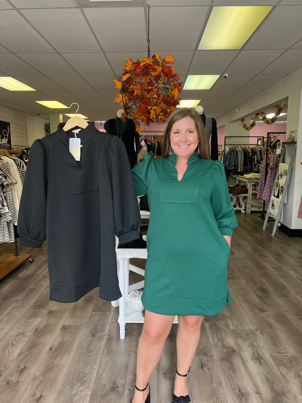 G12659 Textured Frilled Split Neck Dress