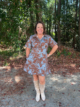 Load image into Gallery viewer, Printed short sleeve denim mini dress featuring button closure at front