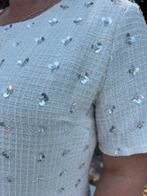 Load image into Gallery viewer, Short Sleeve Floral Embellished Tweed Mini Dress