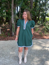 Load image into Gallery viewer, Solid short puff sleeve mini dress featuring a V-neck with contrast striped trim