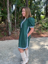 Load image into Gallery viewer, Solid short puff sleeve mini dress featuring a V-neck with contrast striped trim