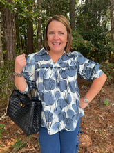Load image into Gallery viewer, T25148 Printed button closure ¾ puff sleeve top featuring collared v neck