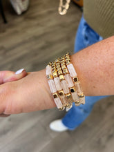 Load image into Gallery viewer, Natural Cream Acrylic Rectangle and Gold Beaded Set of 5 Stretch Bracelets