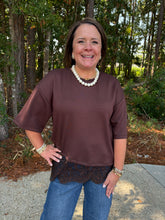 Load image into Gallery viewer, Short sleeve knit top featuring scallop lace hem detail