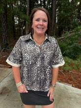 Load image into Gallery viewer, Short sleeves button down leopard top with solid contrast accent.