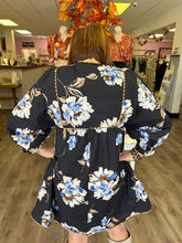 Load image into Gallery viewer, Floral print poplin v neck pullover mini dress featuring ric rac details