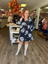 Load image into Gallery viewer, Floral print poplin v neck pullover mini dress featuring ric rac details