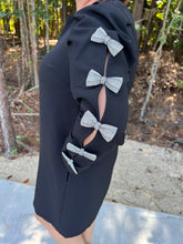 Load image into Gallery viewer, Solid slit v neck mini shift dress featuring 3D bow embellishment on sleeve