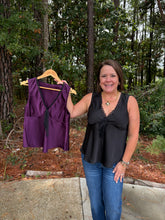 Load image into Gallery viewer, Satin Lace Trim Tie Front Top