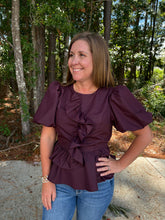 Load image into Gallery viewer, Puff Sleeve front ruffle peplum top with side zipper