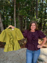 Load image into Gallery viewer, Puff Sleeve front ruffle peplum top with side zipper