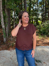 Load image into Gallery viewer, Solid cap sleeve sweater knit top featuring lace trim hem