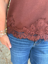 Load image into Gallery viewer, Solid cap sleeve sweater knit top featuring lace trim hem