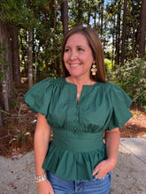 Load image into Gallery viewer, Pintuck peplum top with puff sleeves and stretch back waist