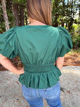 Load image into Gallery viewer, Pintuck peplum top with puff sleeves and stretch back waist