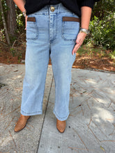 Load image into Gallery viewer, Pleather Patch Pocket Denim Pants