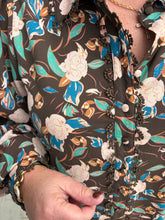 Load image into Gallery viewer, Long sleeves button down floral top with eyelet scallop trim detail