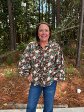 Load image into Gallery viewer, Long sleeves button down floral top with eyelet scallop trim detail