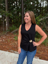 Load image into Gallery viewer, Sleeveless v neck knit top with side metal trim and gathered drape