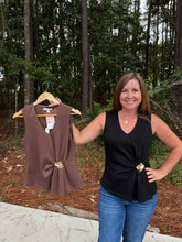 Load image into Gallery viewer, Sleeveless v neck knit top with side metal trim and gathered drape
