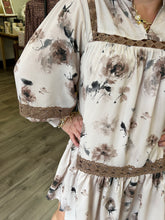 Load image into Gallery viewer, Floral print ¾ puff sleeve pullover mini dress with crochet detail