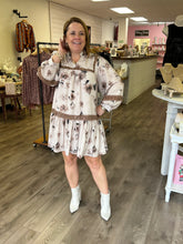 Load image into Gallery viewer, Floral print ¾ puff sleeve pullover mini dress with crochet detail