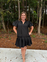 Load image into Gallery viewer, Solid pleated short puff sleeve v neck ruffled mini dress