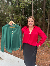 Load image into Gallery viewer, Collared V Neck Gold Button Detail Satin Blouse