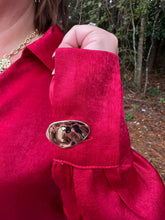 Load image into Gallery viewer, Collared V Neck Gold Button Detail Satin Blouse