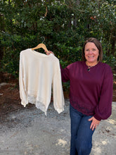 Load image into Gallery viewer, Solid long balloon sleeve with lace trim detail at sleeve cuffs and hem
