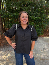 Load image into Gallery viewer, Puff Sleeve Top with Rhinestone Accents
