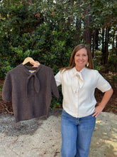 Load image into Gallery viewer, Short Sleeve Tie Neck Button Down Sweater