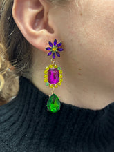 Load image into Gallery viewer, CRYSTAL FLOWER POST &amp; PURPLE CRYSTAL WITH YELLOW &amp; LIME EDGE &amp; GREEN TEARDROP CRYSTAL EARRINGS