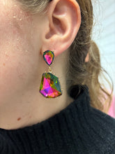 Load image into Gallery viewer, MULTI COLOR SHIFT TEARDROP CRYSTAL POST WITH COLOR SHIFT ORGANIC TRAPEZOID SHAPED CRYSTAL EARRINGS