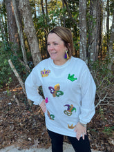 Load image into Gallery viewer, Sequin Mardi Gras Symbol Crown Mask Sweatshirt