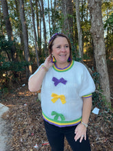 Load image into Gallery viewer, Short Puff Sleeve Ribbon Bow Detail Mardi Gras Sweater