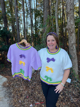 Load image into Gallery viewer, Short Puff Sleeve Ribbon Bow Detail Mardi Gras Sweater