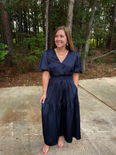 Load image into Gallery viewer, Short Puff Sleeve Woven Satin Surplice Tiered Midi Dress