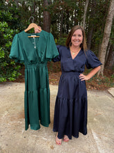 Load image into Gallery viewer, Short Puff Sleeve Woven Satin Surplice Tiered Midi Dress