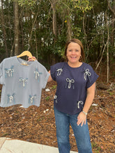 Load image into Gallery viewer, Knit Top with Pearl and Denim Bow Detail