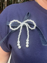 Load image into Gallery viewer, Knit Top with Pearl and Denim Bow Detail