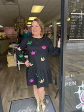 Load image into Gallery viewer, Mardi Gras Crown Patched Ruffle Hem Dress