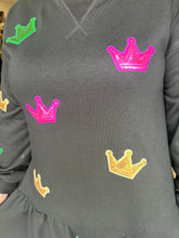 Load image into Gallery viewer, Mardi Gras Crown Patched Ruffle Hem Dress